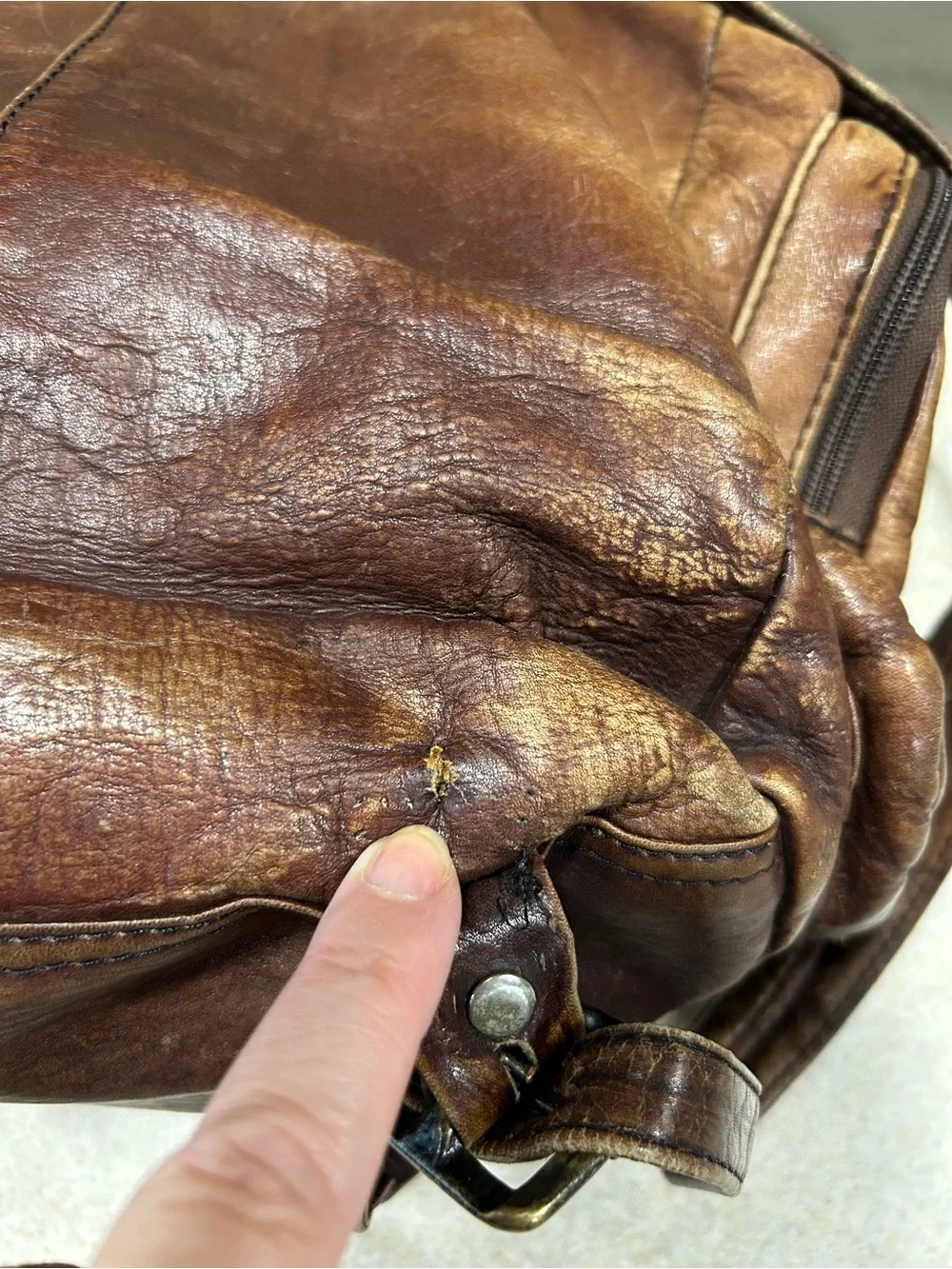 Vintage Brown Worn Weathered Distressed Leather Knapsack Backpack Size Medium